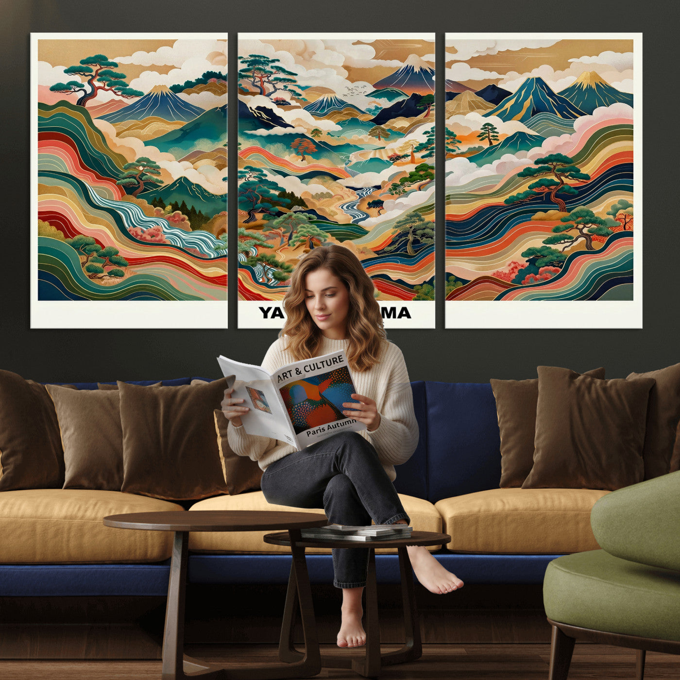 89903380-MGV-CV-60X30-3P - Japanese Grasslands Canvas Wall Art, Kusama Inspired Landscape Print, Colorful Japanese Nature Poster, Ukiyo-e Style Mountain Decor, Asian Art Print