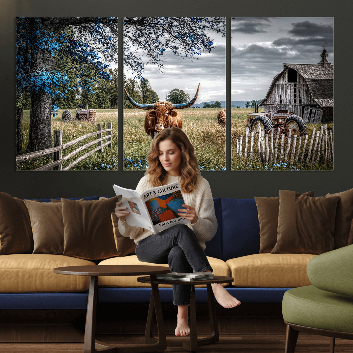 40526446-MGV-CV-60X30-3P - Texas Longhorn Canvas Wall Art, Rustic Farm Barn Bluebonnet Photography Print, Farmhouse Country Decor, Western Ranch Art, Old Truck Tractor Print