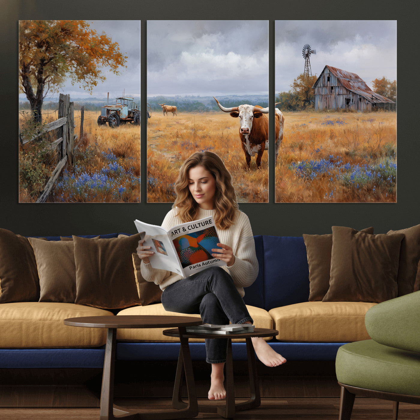 25324907-MGV-CV-60X30-3P - Texas Longhorn Canvas Wall Art, Rustic Farm Barn Bluebonnet Photography Print, Farmhouse Country Decor, Western Ranch Art, Old Truck Tractor Print