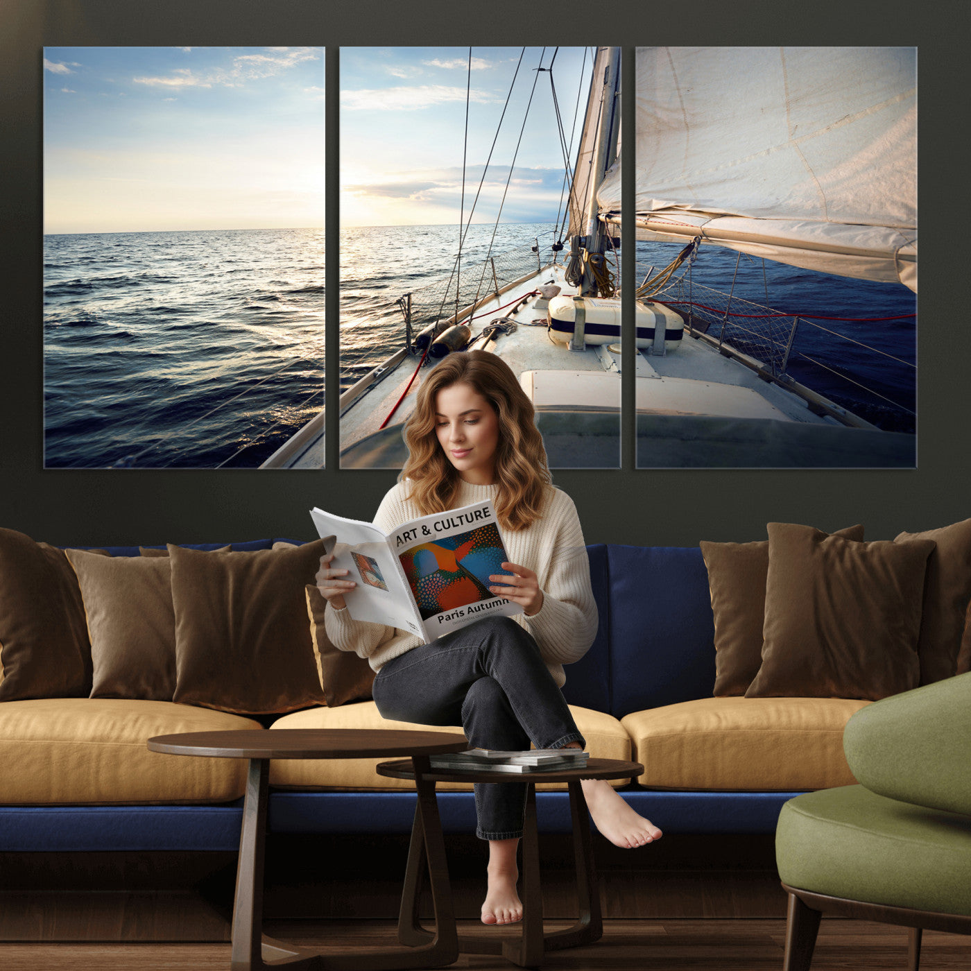76381335-MGV-CV-36X24 - Sailboat Wall Art Canvas Print, Ocean Sunset Sailing Framed Artwork, Coastal Nautical Seascape Decor for Living Room Office Beach House