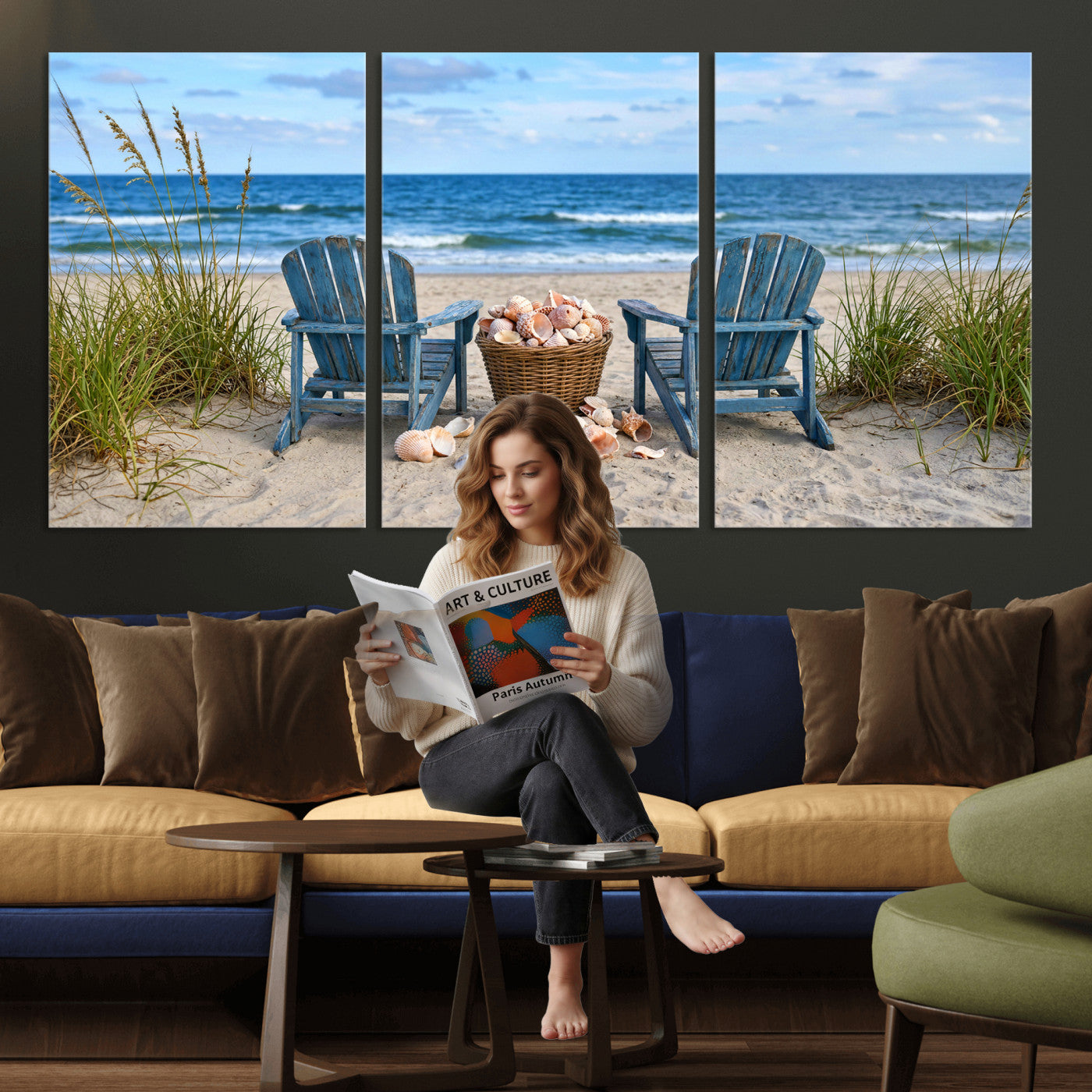 80268829-MGV-CV-36X24 - Large Beach Canvas Wall Art Coastal Adirondack Chairs Ocean Seashells Blue Nautical Framed Large for Living Room Bedroom Bathroom Decor