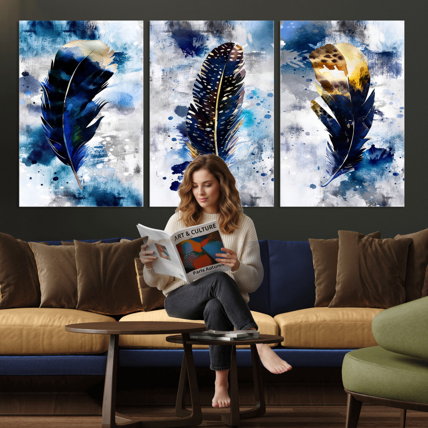 74325132F-MGV-CV-60X30-3P - Feather Canvas Wall Art Navy Blue Gold Watercolor Abstract Boho Eclectic Framed Large for Living Room Bedroom Office Entryway Decor