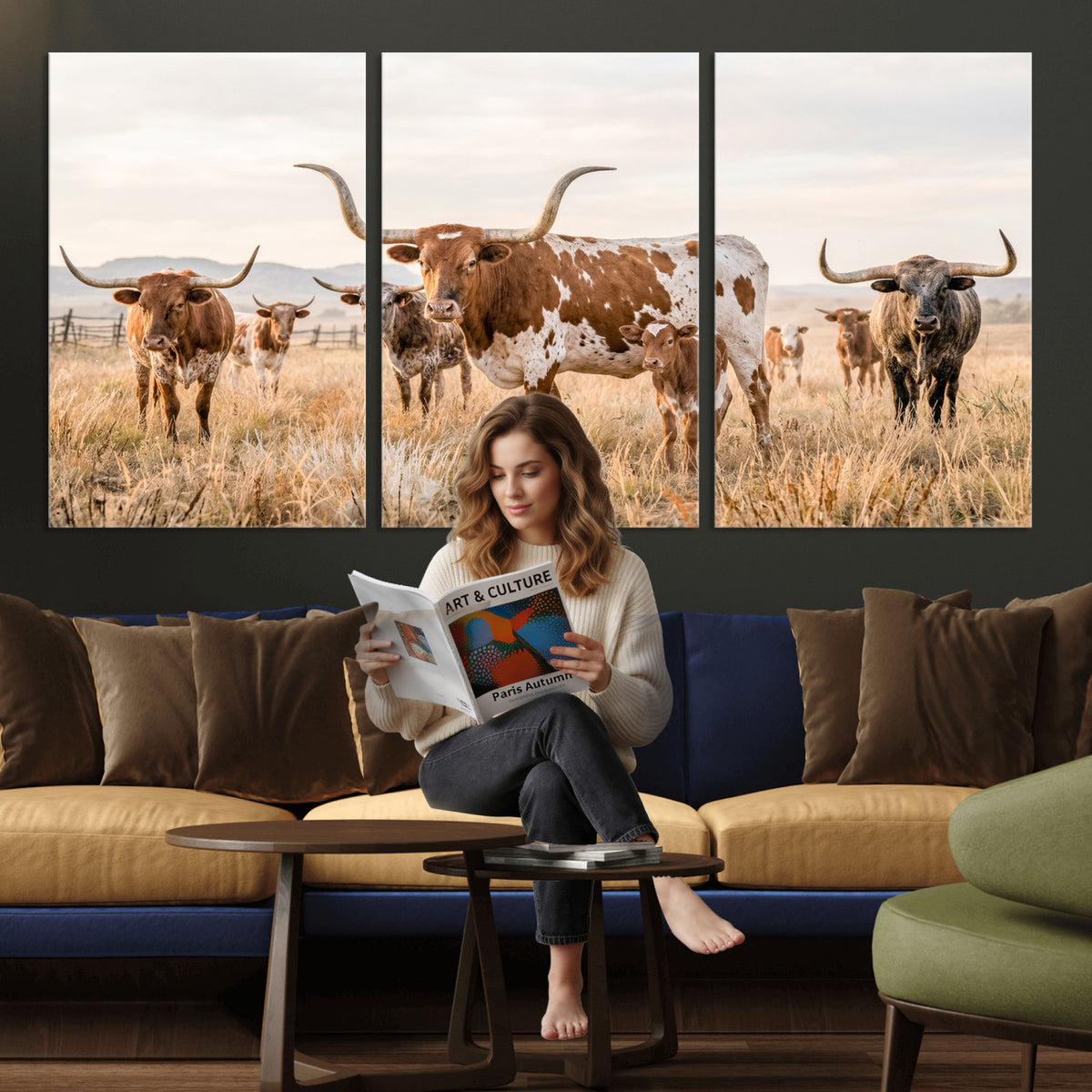 62336425AC-MGV-CV-36X24 - Texas Longhorn Canvas Wall Art, Rustic Farm Animal Photography Print, Farmhouse Country Decor, Western Ranch Art