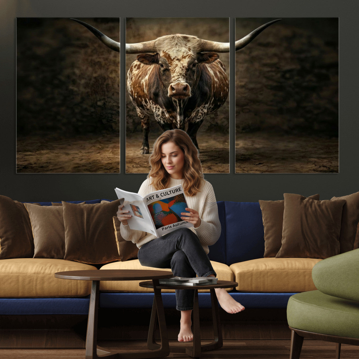 59378683-MGV-CV-60X30-3P - Texas Longhorn Bull Canvas Wall Art, Western Ranch Cattle Photography Print, Rustic Farmhouse Cowboy Decor Artwork