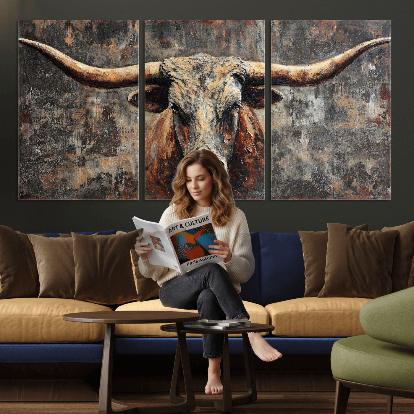 34202127RS-MGV-CV-60X30-3P - Texas Longhorn Skull Canvas Wall Art Rustic Western Decor Print