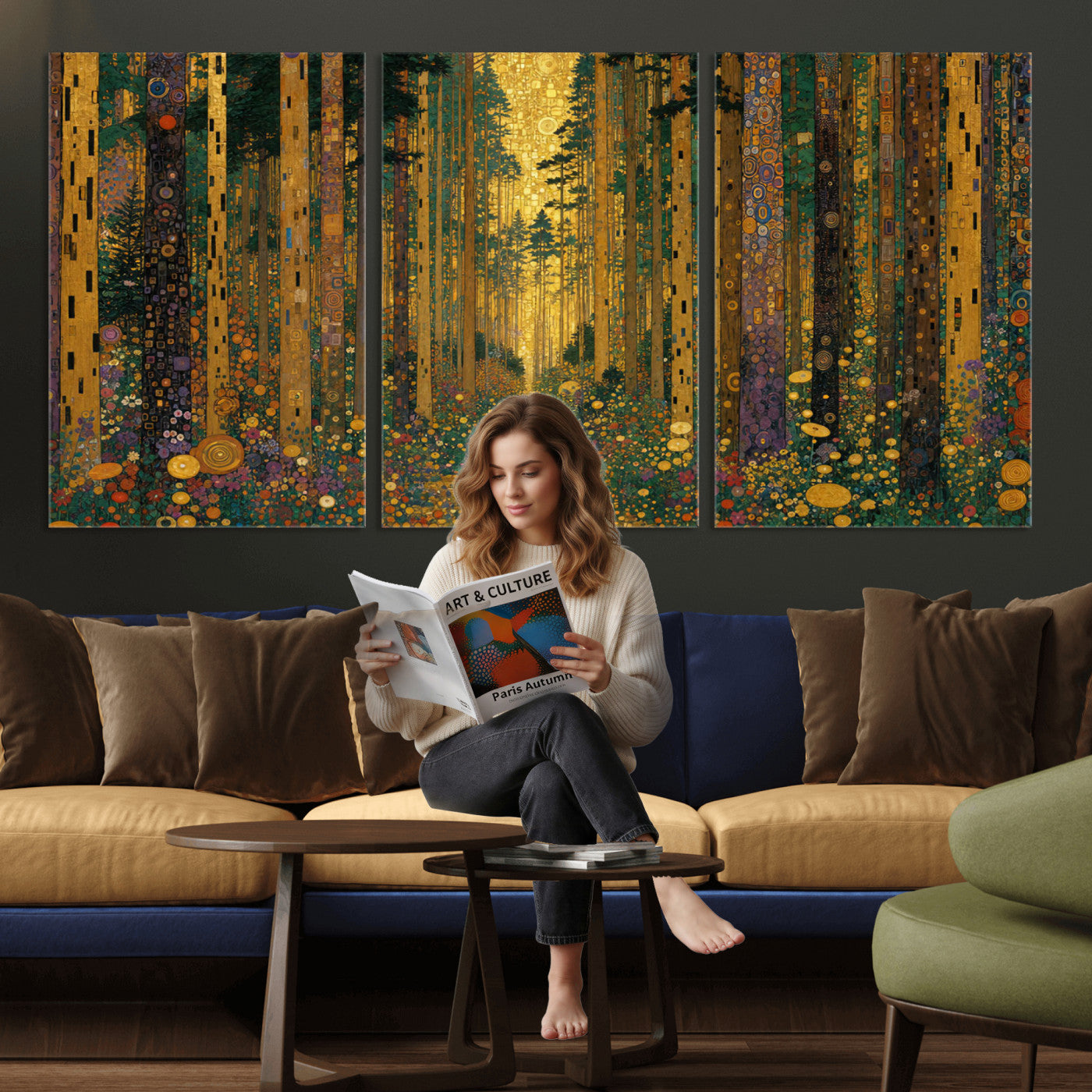 79483321G-MGV-CV-48X32-3P - Gustav Klimt Style Forest Canvas Wall Art, Golden Forest Path Floral Art Nouveau Print, Enchanted Woodland Decor