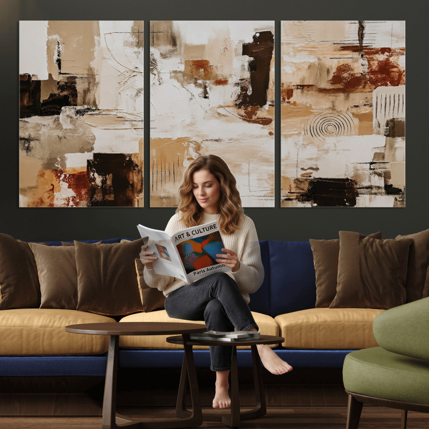26560159-MGV-CV-36X24 - Blue Teal Abstract Canvas Wall Art, Modern Textured Painting Print, Navy Orange White Contemporary Art, Neutral Living Room Decor, Office Art