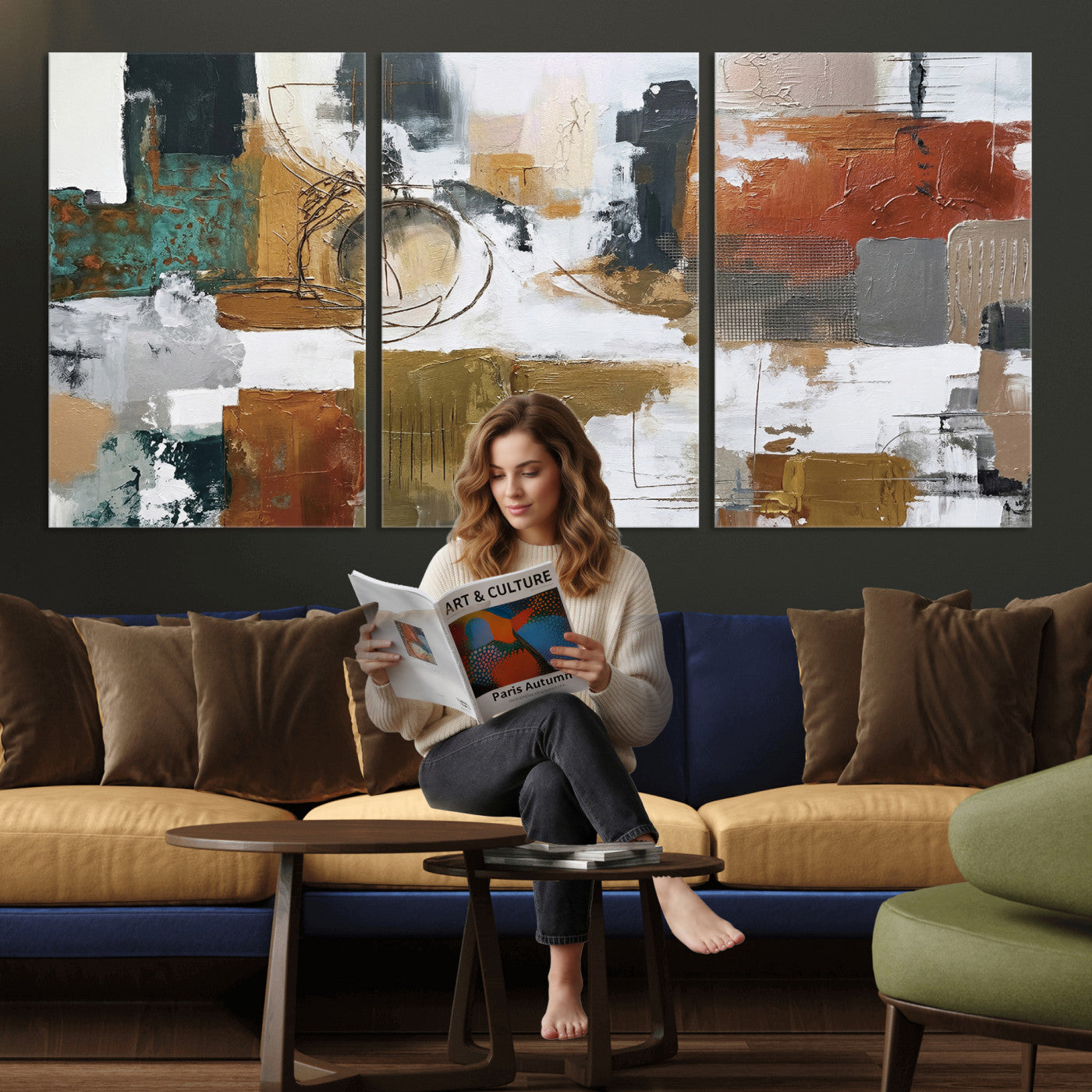 50720312-MGV-CV-36X24 - Blue Teal Abstract Canvas Wall Art, Modern Textured Painting Print, Navy Orange White Contemporary Art, Neutral Living Room Decor, Office Art