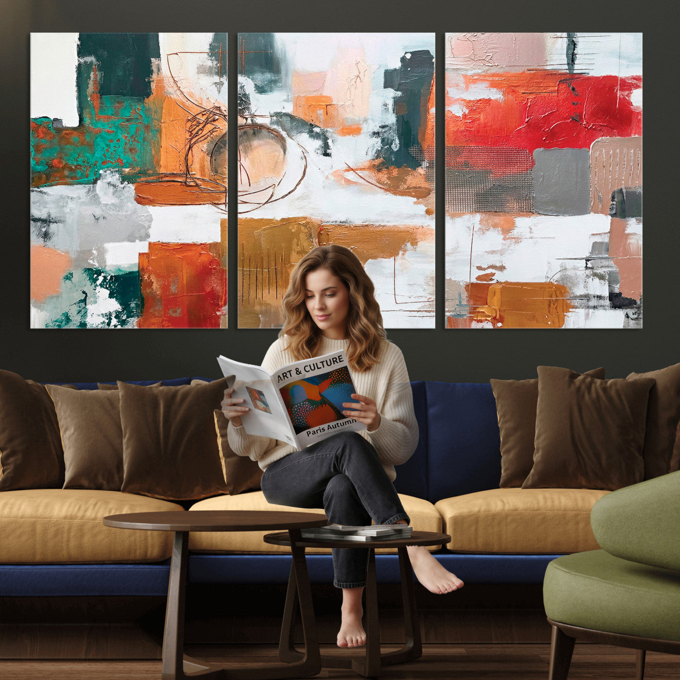 50720312-MGV-CV-36X24 - Blue Teal Abstract Canvas Wall Art | Modern Textured Painting Print, Navy Orange White Contemporary Art, Neutral Living Room Decor, Office Art.