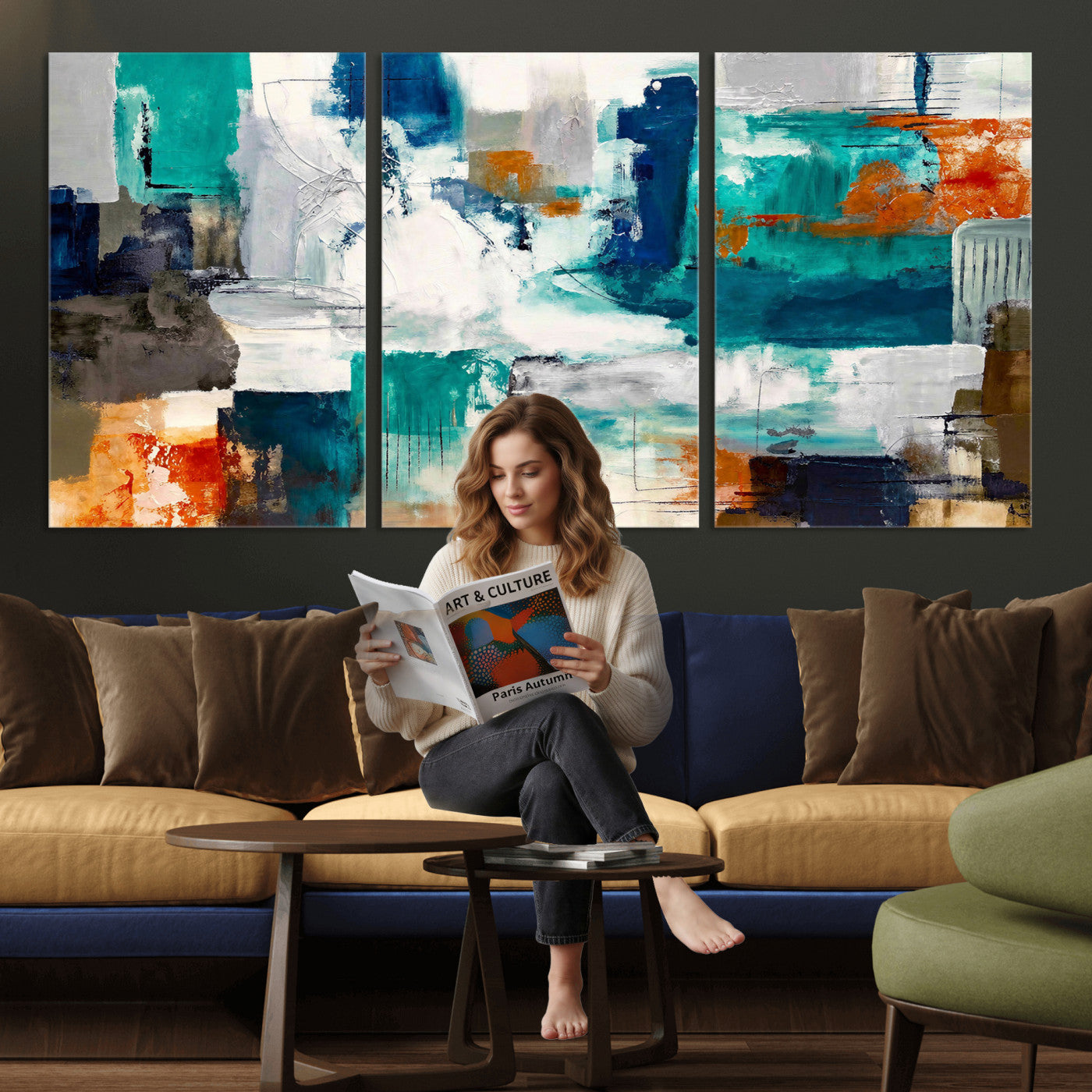 44038089-MGV-CV-36X24 - Blue Teal Abstract Canvas Wall Art, Modern Textured Painting Print, Navy Orange White Contemporary Art, Neutral Living Room Decor, Office Art