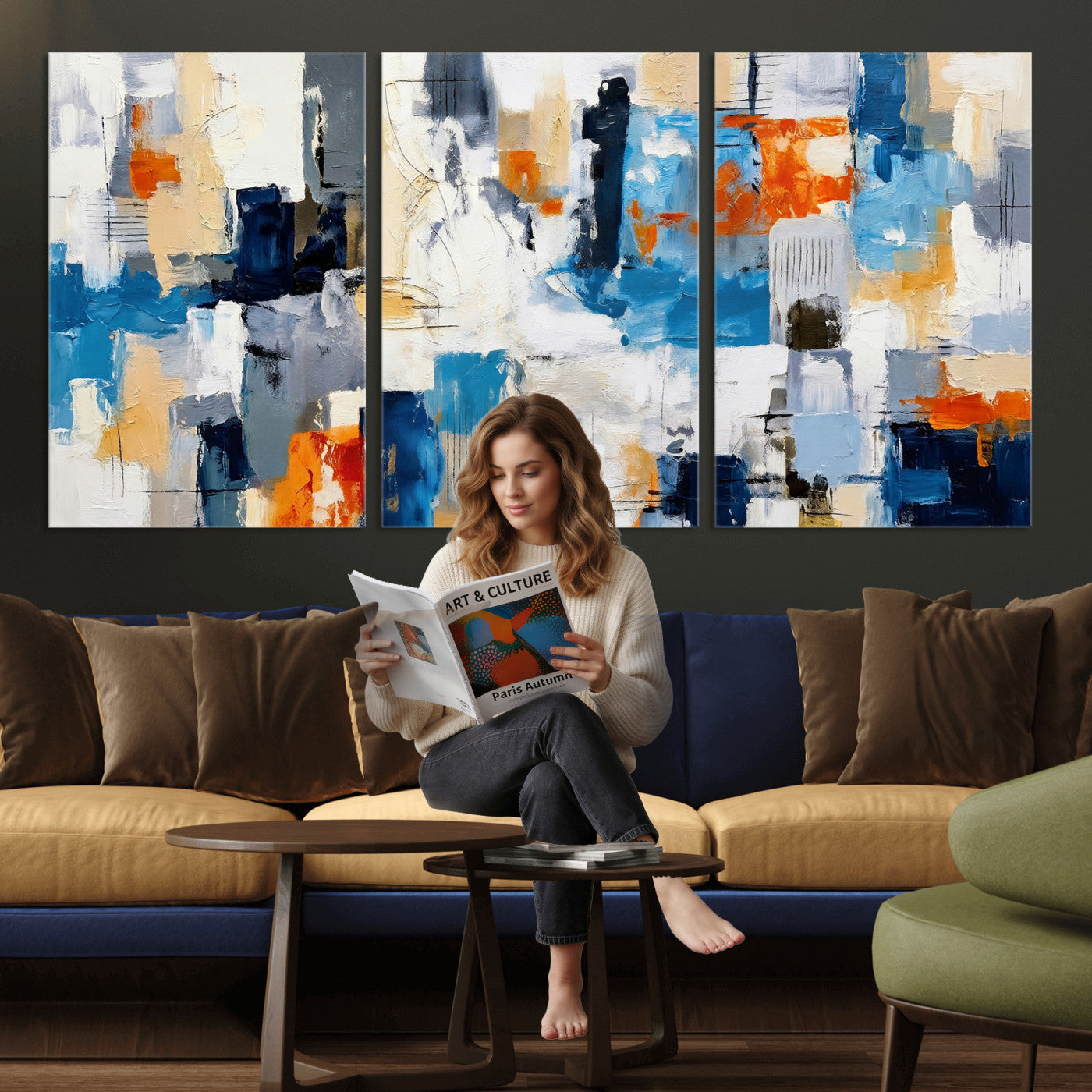 83915061-MGV-CV-36X24 - Blue Teal Abstract Canvas Wall Art, Modern Textured Painting Print, Navy Orange White Contemporary Art, Neutral Living Room Decor, Office Art