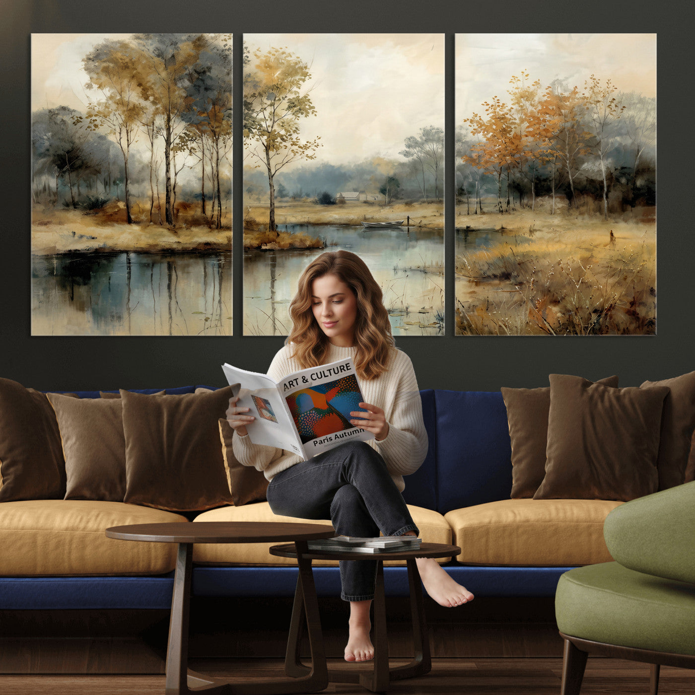 74391095-MGV-CV-36X24 - Abstract WatercolorAutumn Lake Canvas Wall Art Print, Misty Forest Landscape, Rustic Nature Painting, Cabin Wall Decor, Ready to Hang
