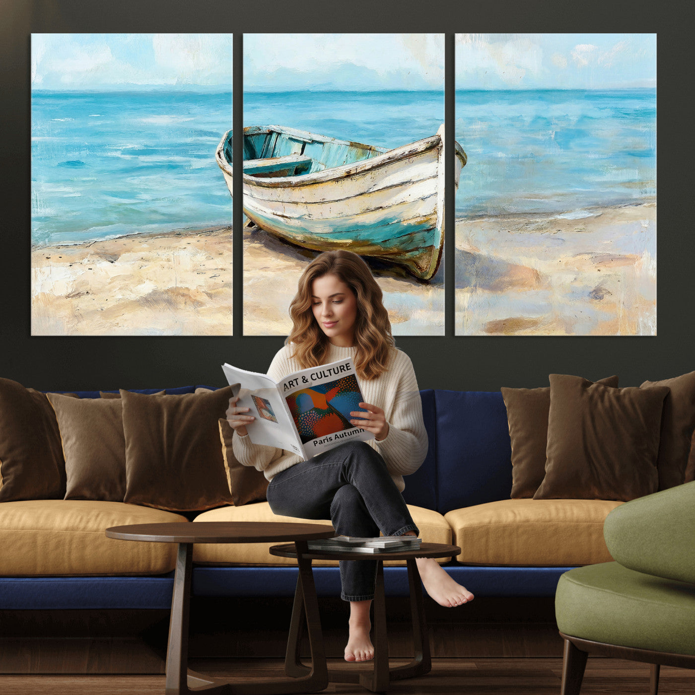 14780565-MGV-CV-36X24 - Coastal Boat Canvas Wall Art Print, Beach Boat Painting, Nautical Ocean Decor, Seascape Wall Art, Ready to Hang