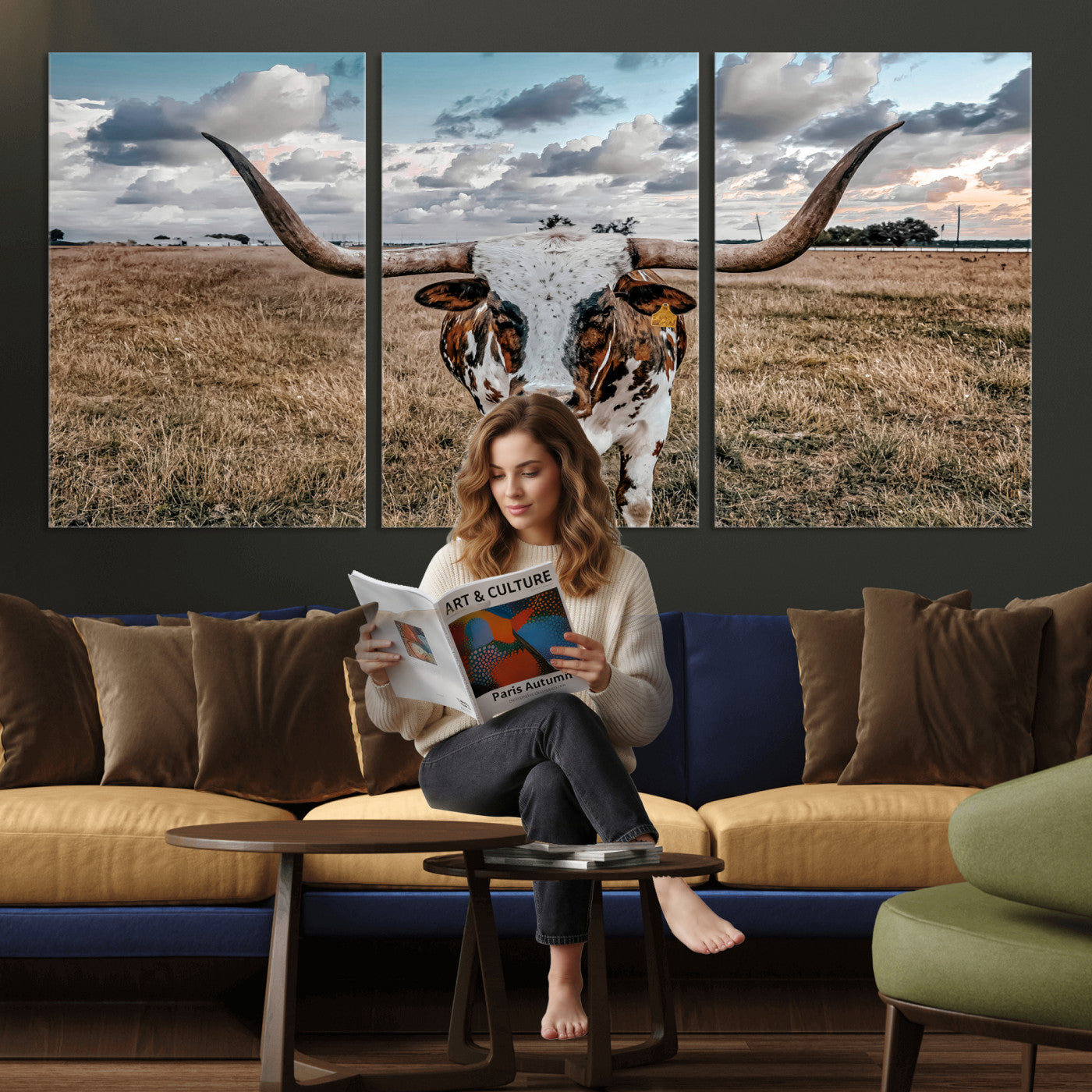 17464823-MGV-CV-36X24 - Texas Longhorn Canvas Wall Art Print, Western Cow Photography, Rustic Ranch Decor, Farmhouse Wall Art, Ready to Hang
