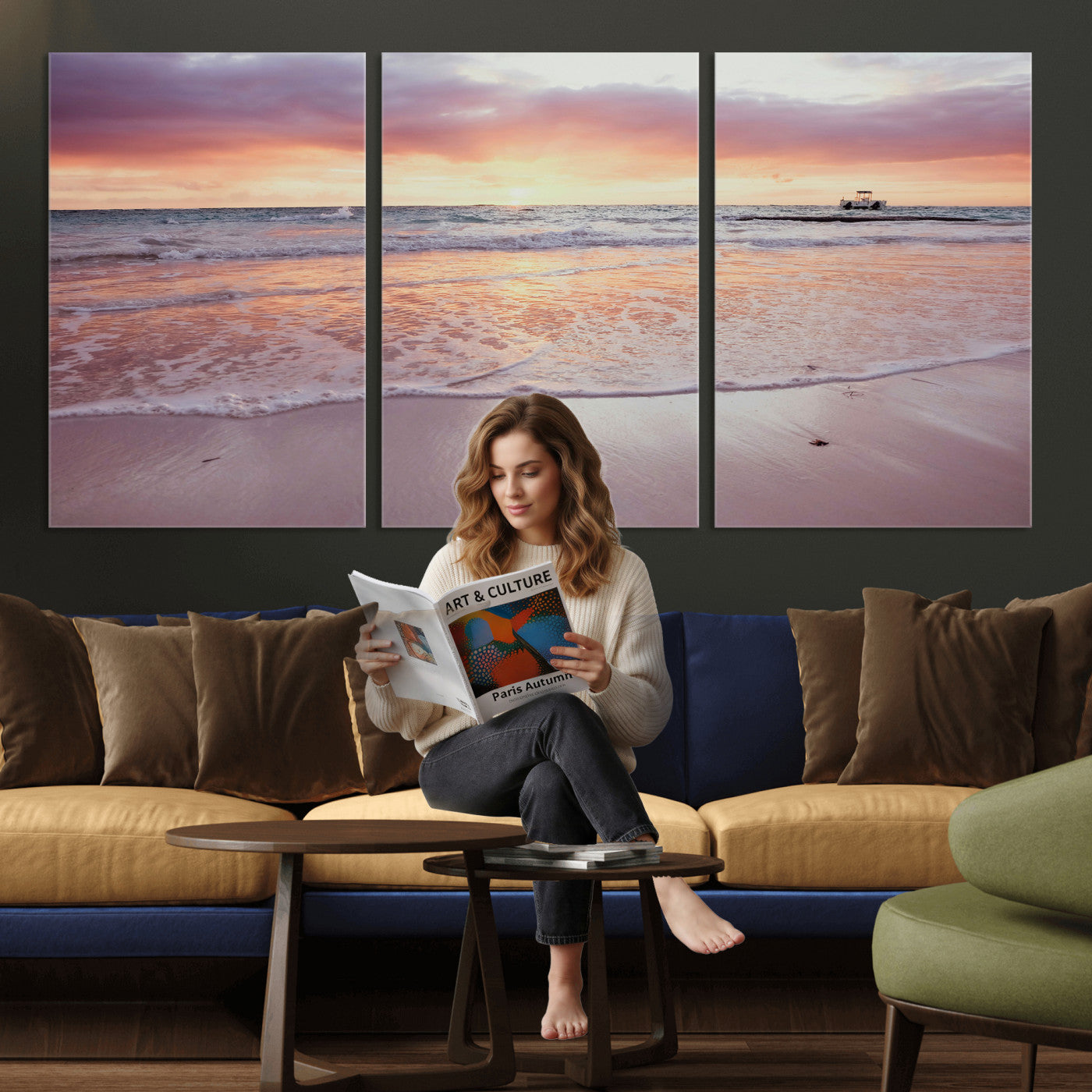 44765395-MGV-CV-36X24 - Beach Sunset Canvas Wall Art Print, Ocean Waves Landscape, Coastal Photography, Seascape Wall Decor, Ready to Hang