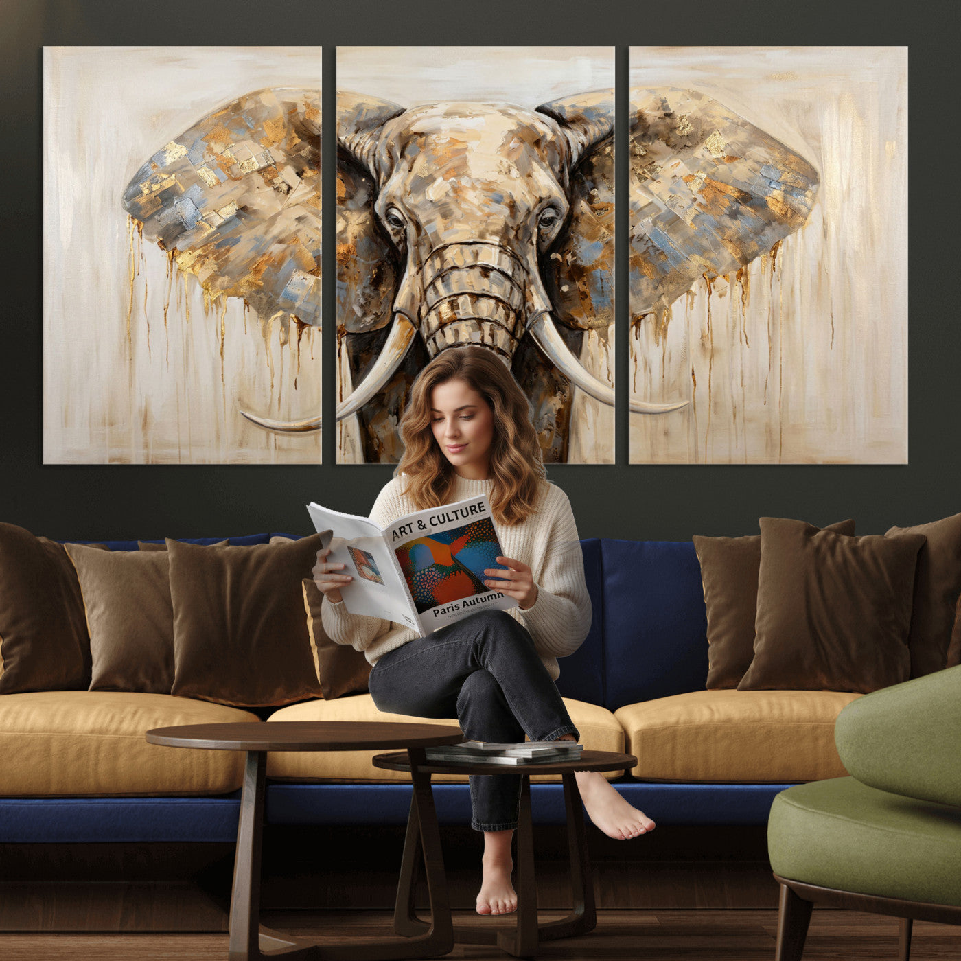 95819221-MGV-CV-36X24 - Gold Leaf Elephant Canvas Wall Art Abstract African Wildlife Painting Print
