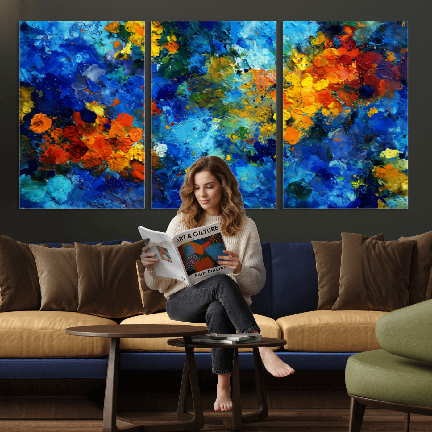 52431611-MGV-CV-36X24 - Vibrant Blue Abstract Canvas Wall Art Colorful Impasto Oil Painting Print