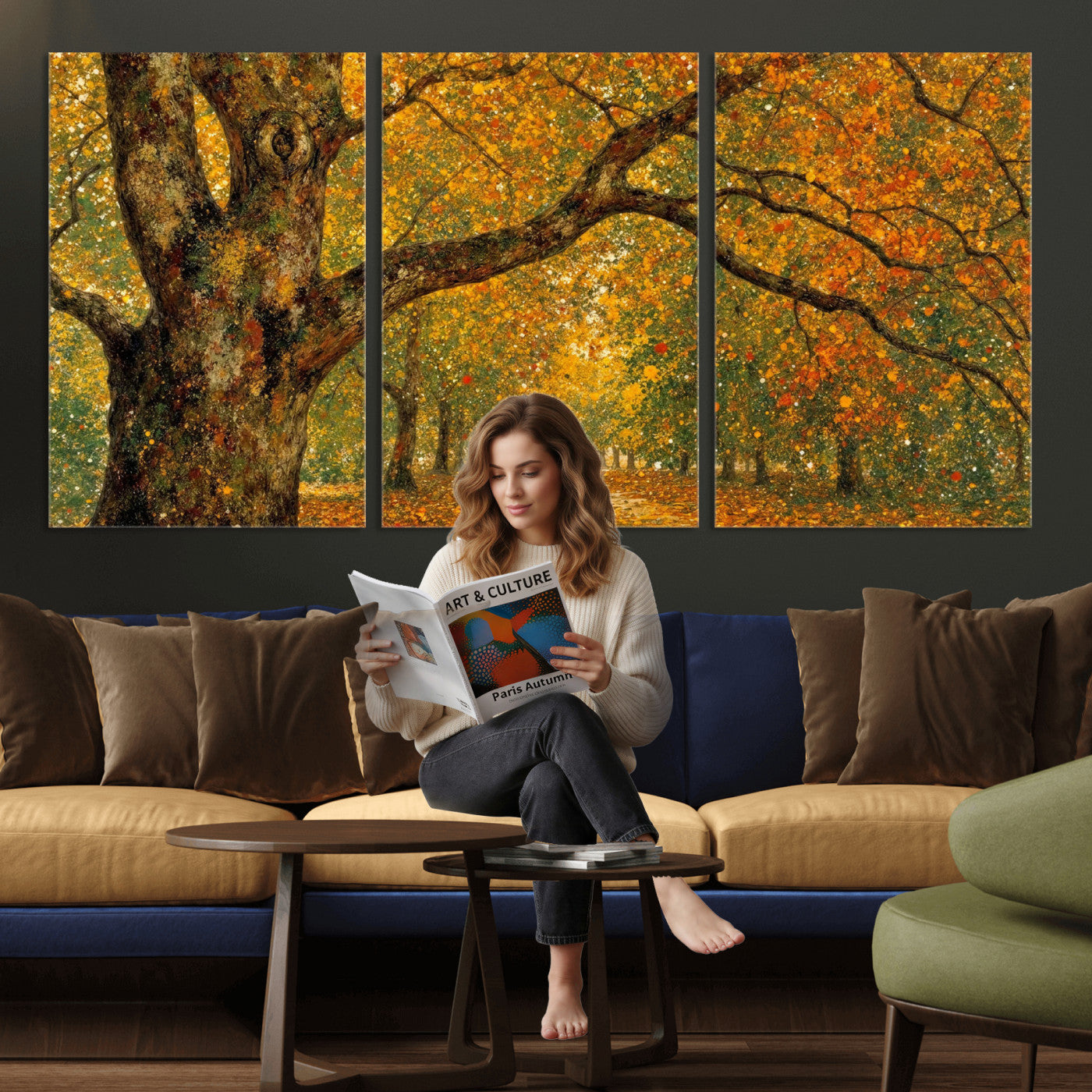 11536138-MGV-CV-36X24 - Vintage Autumn Forest Path Wall Art Canvas Print, Golden Leaves Impressionist Painting Print