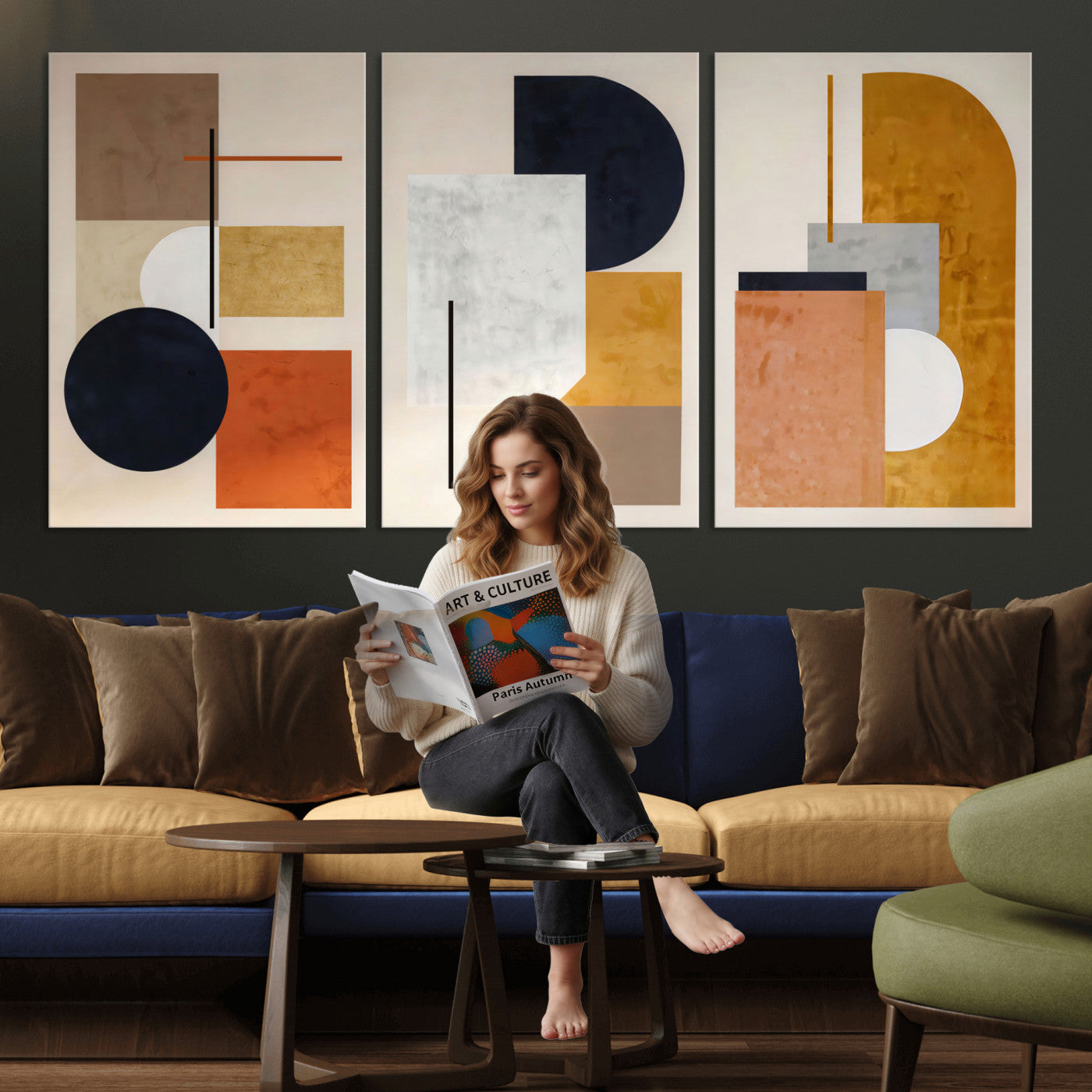 87361249-MGV-CV-48X32-3P - Mid Century Modern Geometric Canvas Wall Art, Abstract Triptych Print