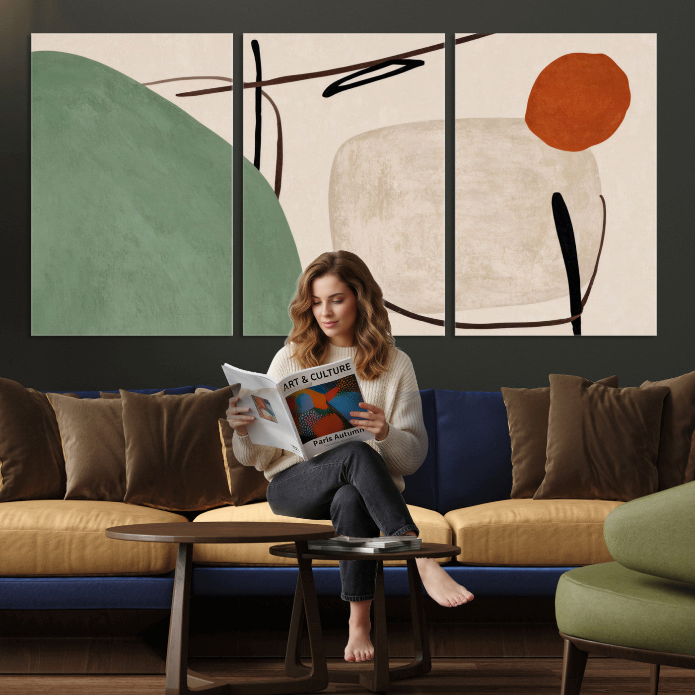 46798824-MGV-CV-48X32-3P - Mid Century Modern Geometric Canvas Wall Art, Abstract Triptych Print