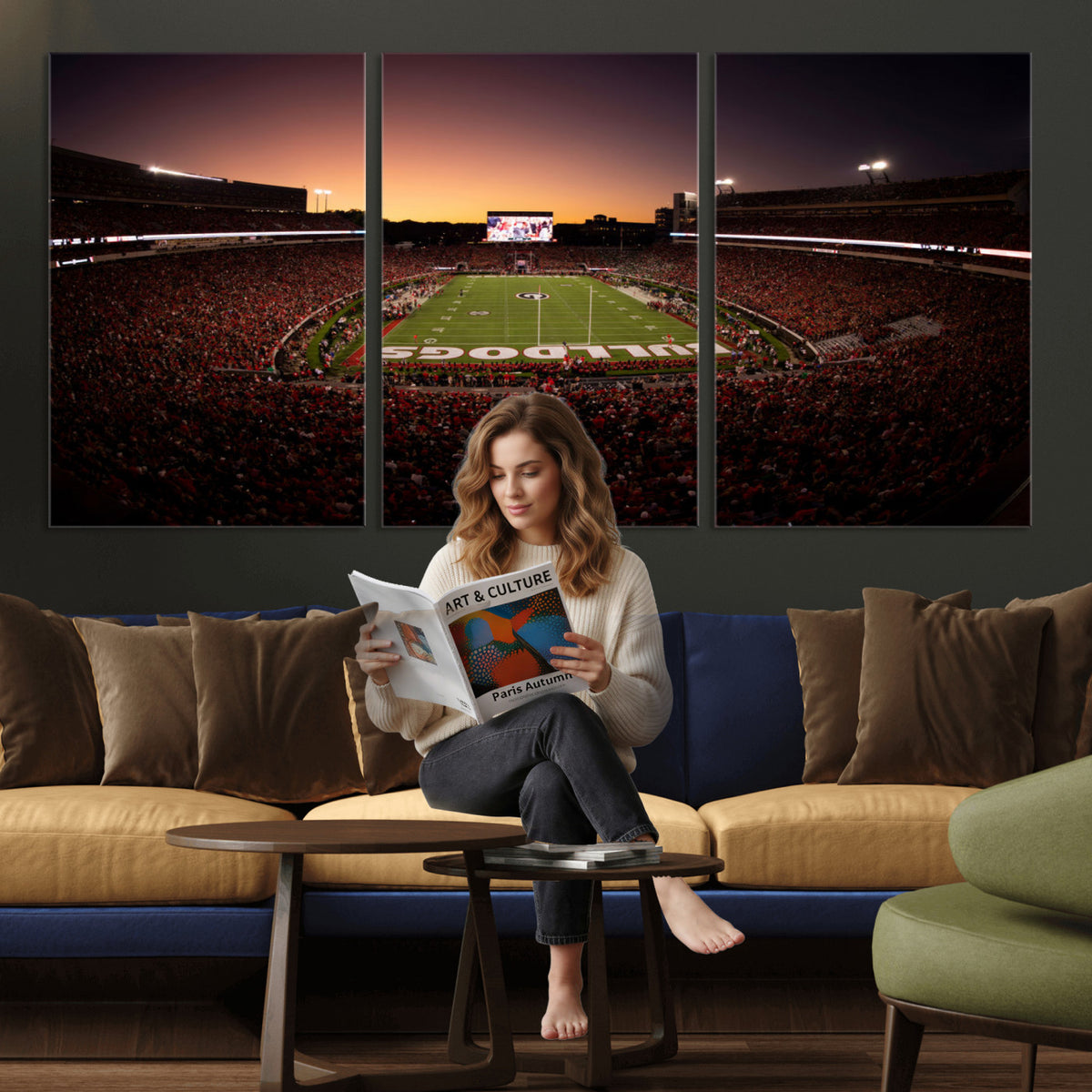 97720998-_Poster-30x20 - Georgia Bulldogs Stadium Sunset Canvas Print 3 Piece Framed Wall Art Extra Large Floating Frame Sports Poster Made in USA