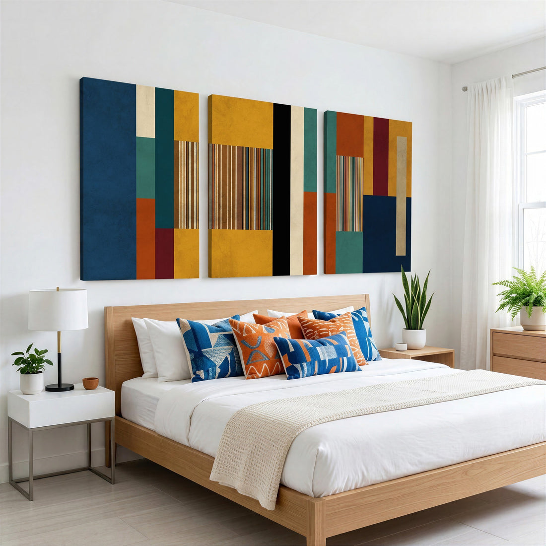Mid Century Abstract Color Block Canvas Wall Art, Geometric Striped Canvas Print