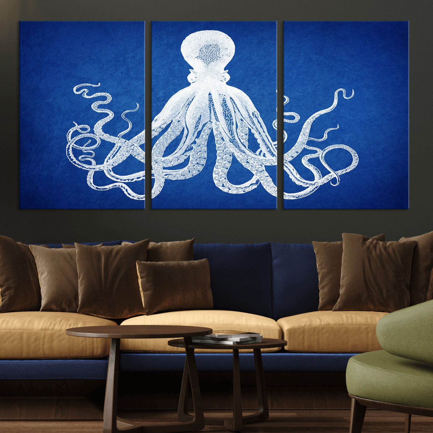 67315-MGV-CV-36X24-Large 3-Panel Blue Octopus Canvas Wall Art | Coastal Marine Life Artwork for Living Room, Bedroom,