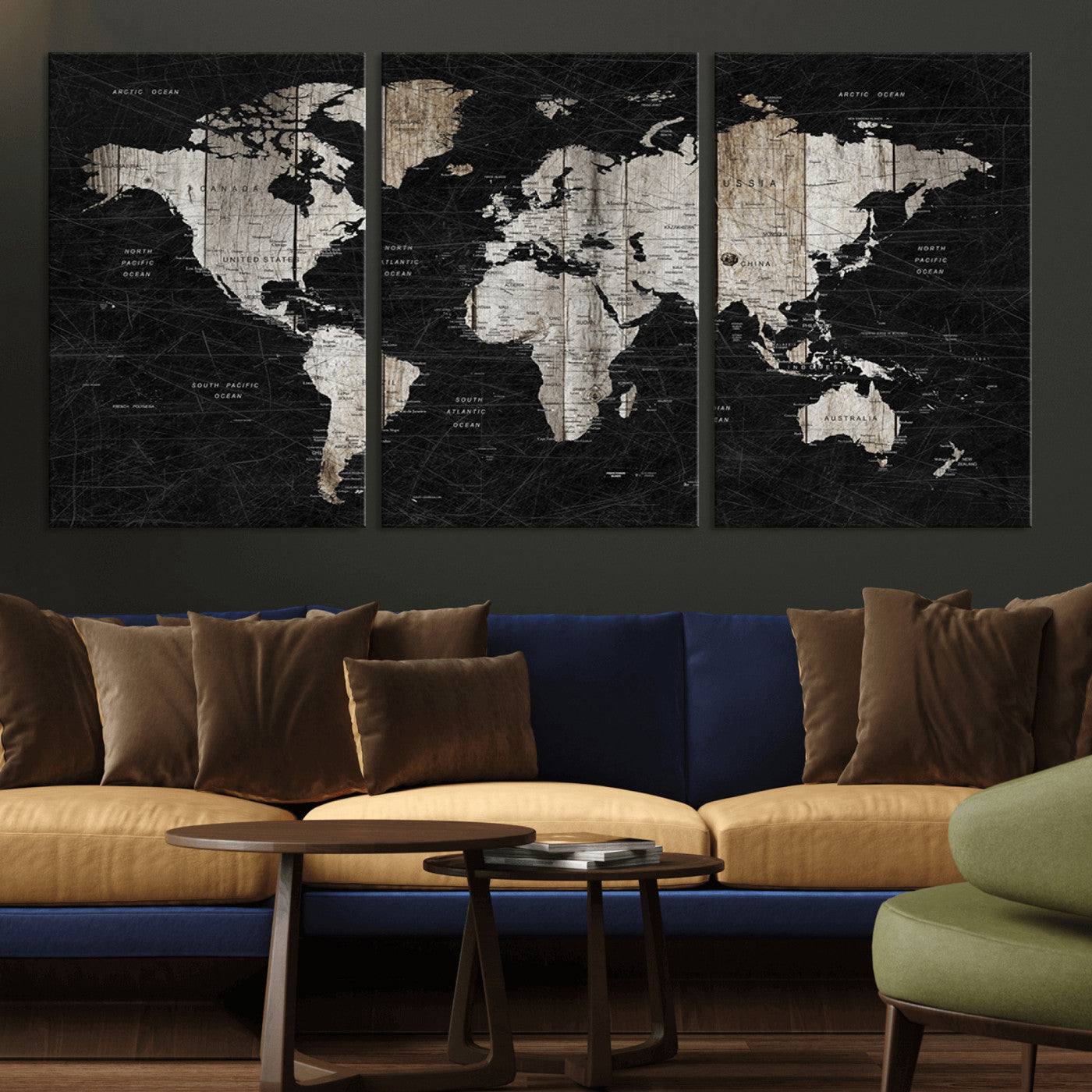 89998-MGV-CV-36X24-Rustic Black and Wood World Map Canvas Wall Art – Framed Push Pin Travel Map for Home and Office Decor, Modern Vintage Wall Artwork