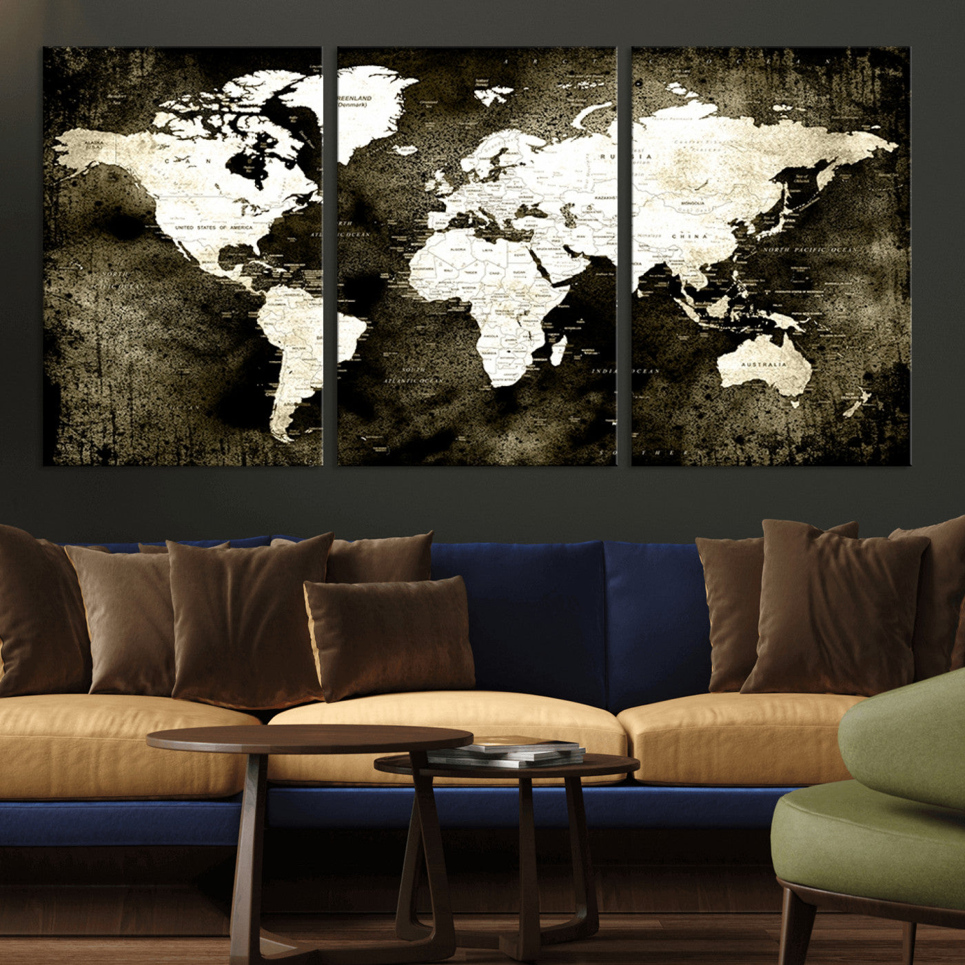 66737-MGV-CV-36X24-Vintage World Map Canvas Wall Art – Framed Push Pin Travel Map for Home and Office Decor, Rustic Wall Artwork for Travelers