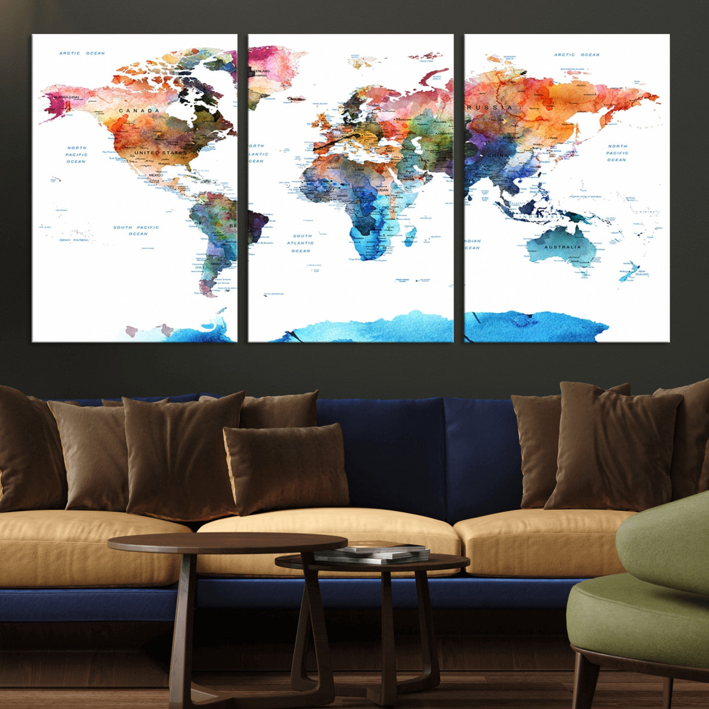 11576-MGV-CV-36X24-Vibrant Watercolor World Map Canvas Wall Art – Framed Push Pin Travel Map for Home and Office Decor, Modern Colorful Wall Artwork