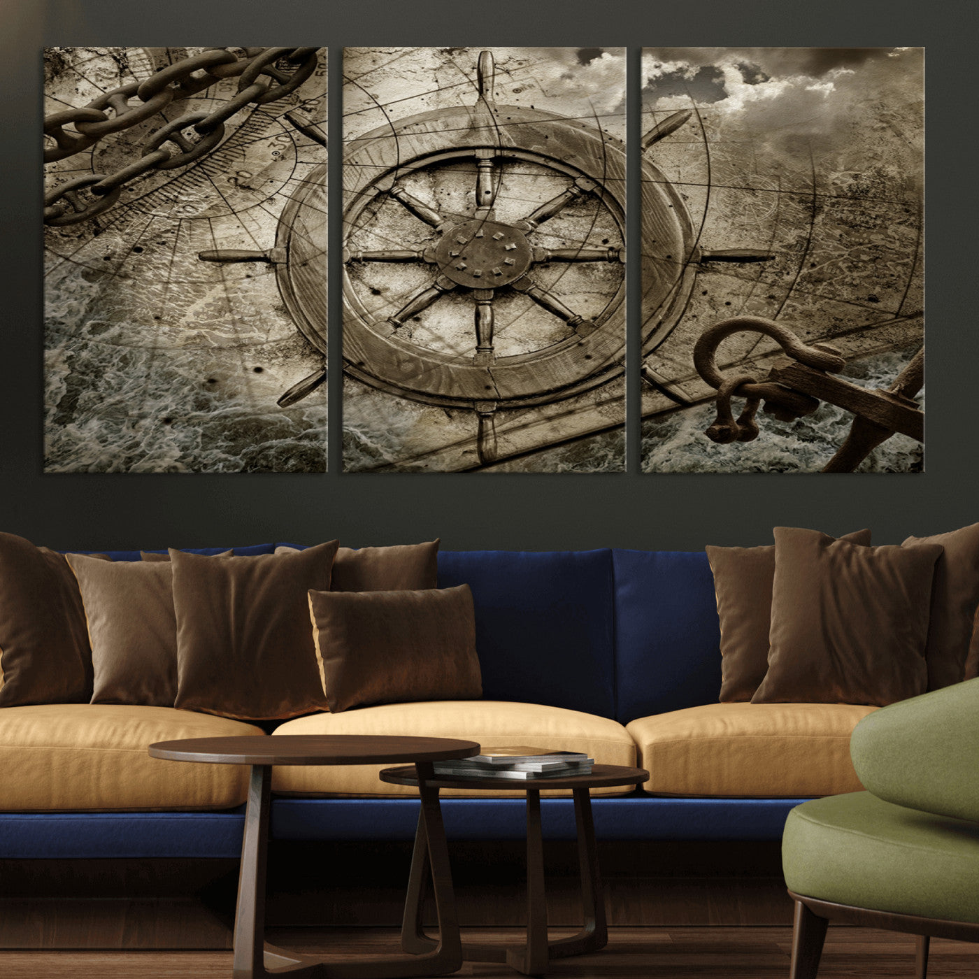 -Wooden Ship Wheel Canvas Print, Multi Panel Canvas Wall Art Print