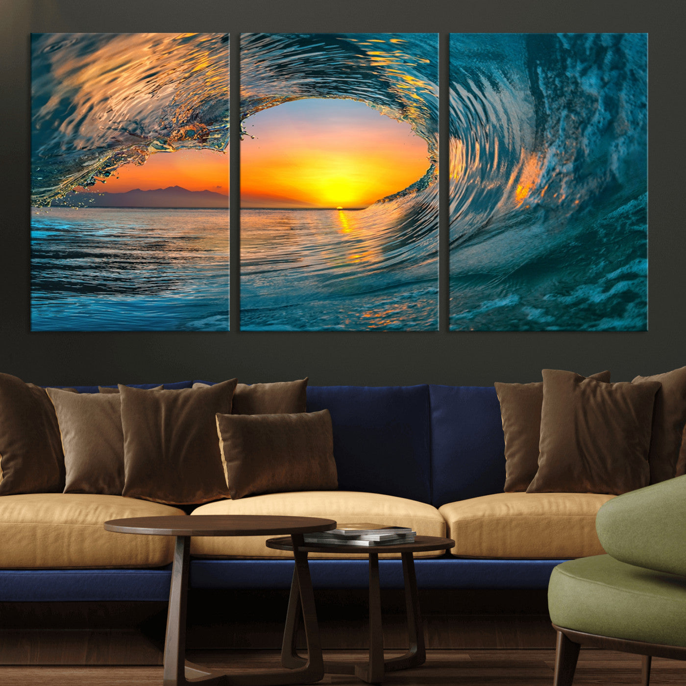 84279-MGV-CV-36X24-Ocean Wave Sunset Wall Art | Large Coastal Wave Canvas Print | 3-Panel Ocean Sunset Seascape for