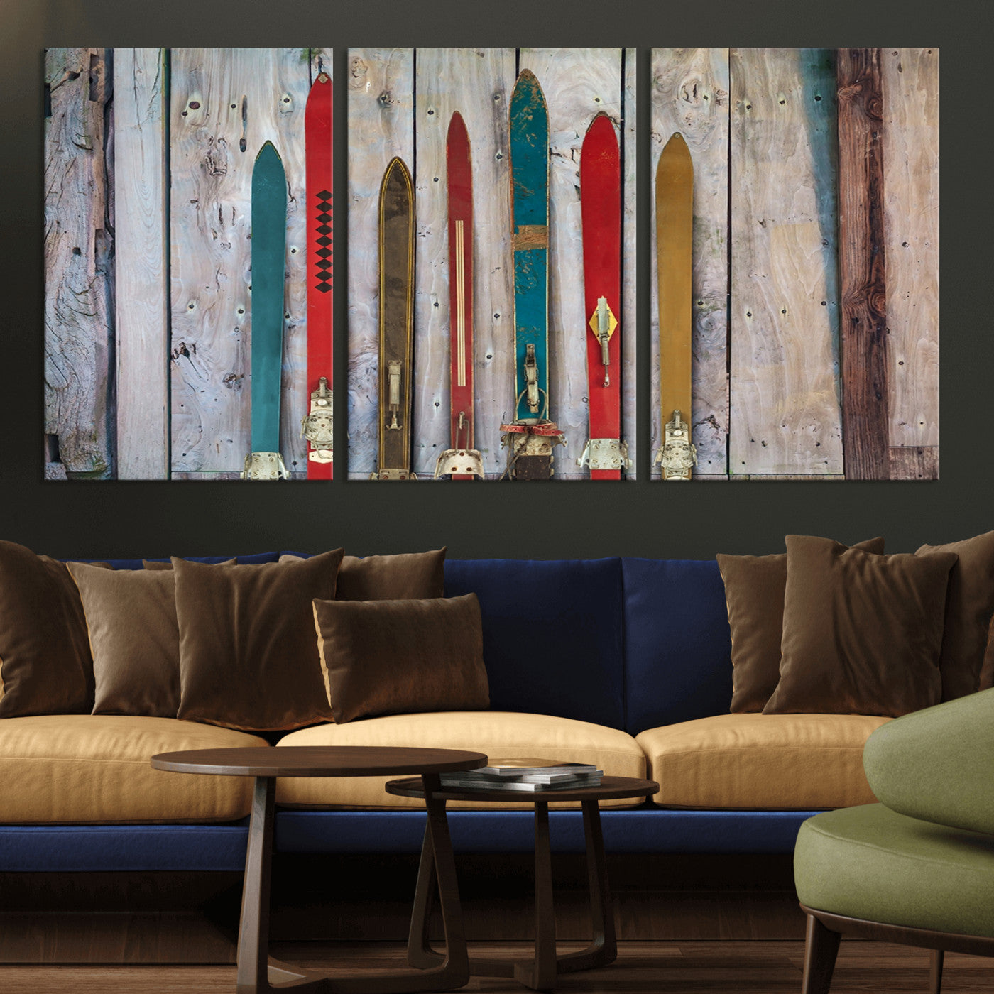 -Vintage Wooden Weathered Ski's in Front of an Old Barn Wall Art Canvas Print for Farmhouse, Cabin