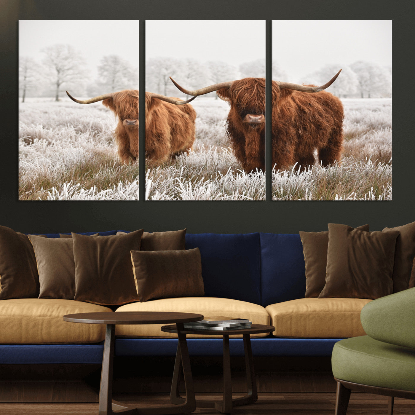 -Longhorn Cattle Wall Art Canvas Print, Framed Farmhouse Style Art Picture Print, Rustic Cow Perfect Rustic Farmhouse Decor Artwork