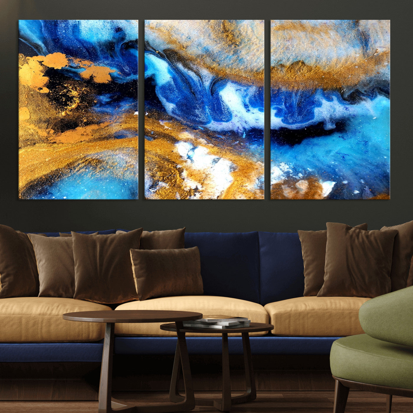 42100-MGV-CV-36X24-Blue Orange Marble Fluid Effect Canvas Wall Art Print