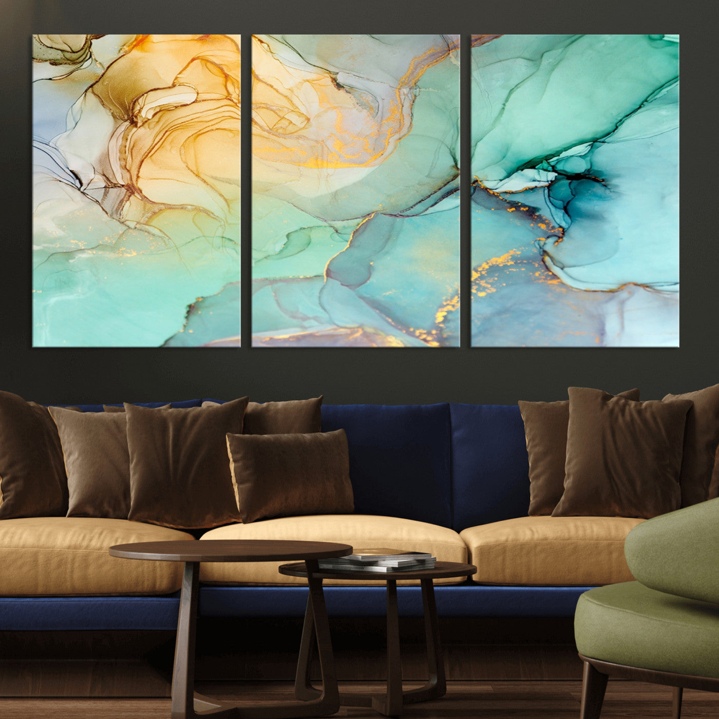 84233-MGV-CV-36X24-Abstract Aqua and Gold Fluid Wall Art Canvas | 3 Panel Large Canvas Print for Living Room, Office,