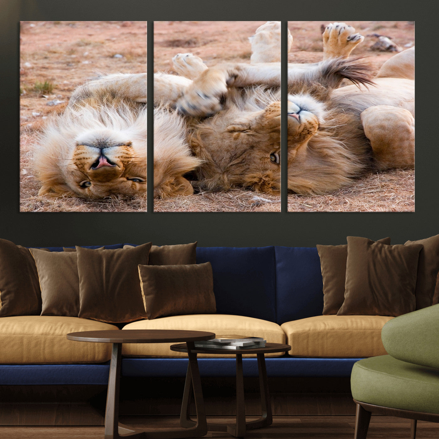 -Lion Pair Wall Art Canvas Print – Framed Wildlife Scene with Playful Lions Artwork for Home, Office, Living Room