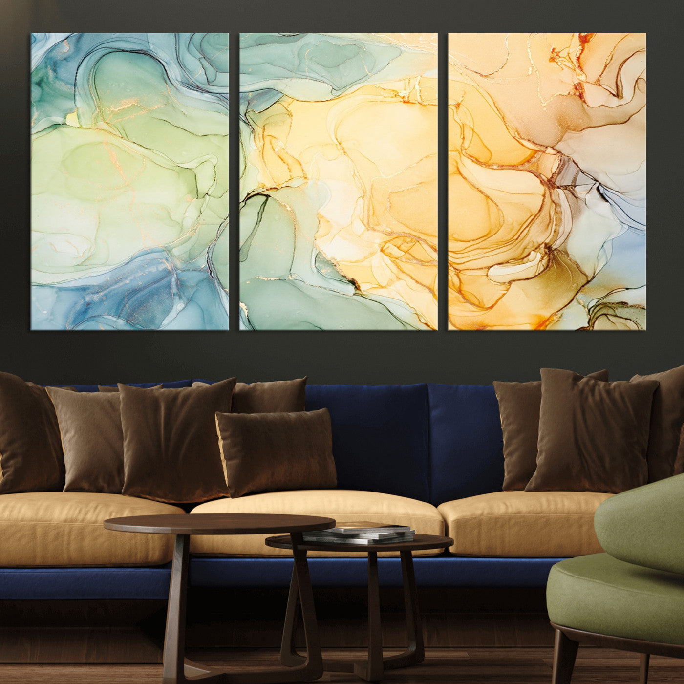 42195-MGV-CV-36X24-Green and Yellow Marble Fluid Effect Wall Art, Green and Yellow Marble Canvas Wall Art Print