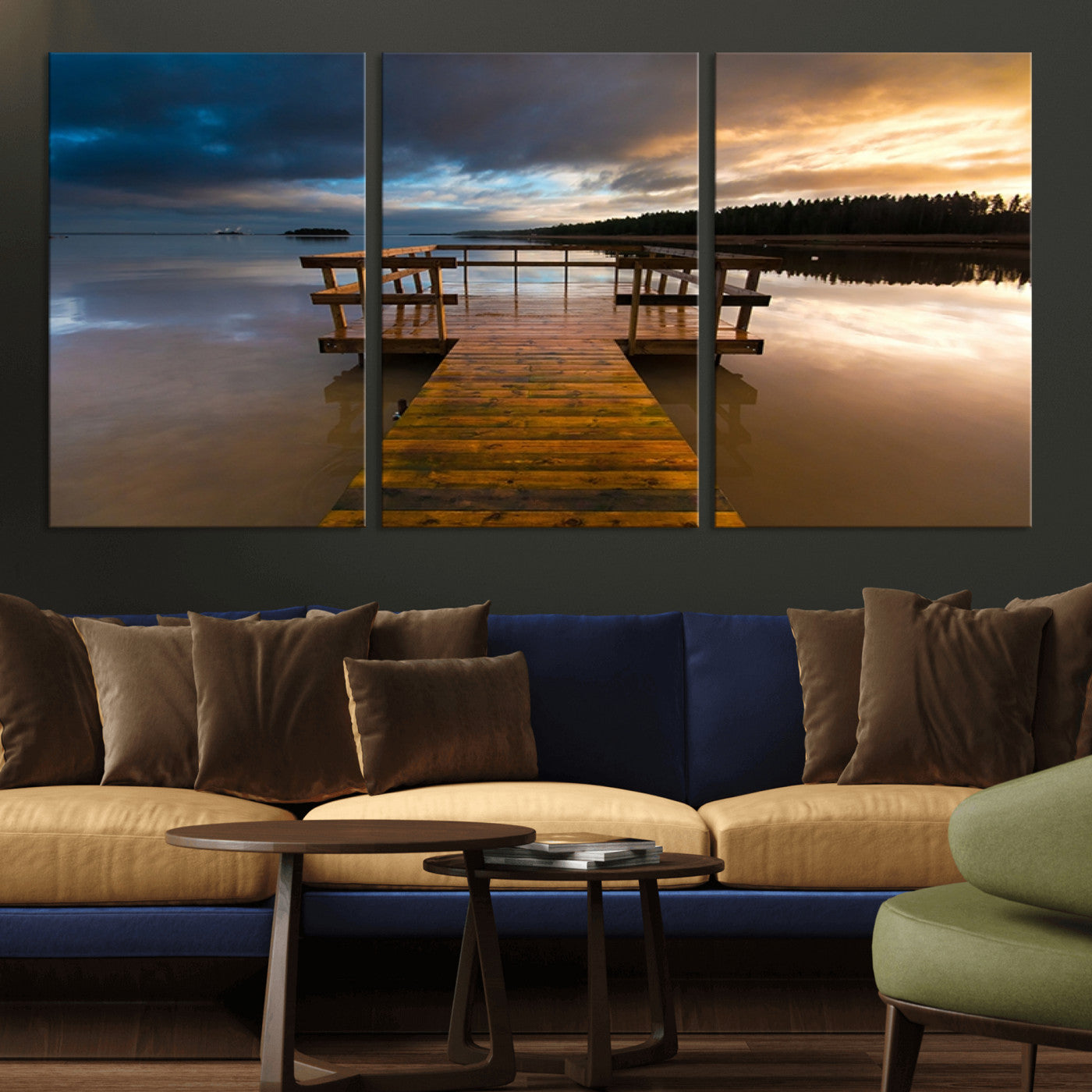77616-MGV-CV-60X30-3P-Serene Lake Pier at Sunset Canvas Print | Landscape Canvas Print | Ready to Hang and Framed Wall Art