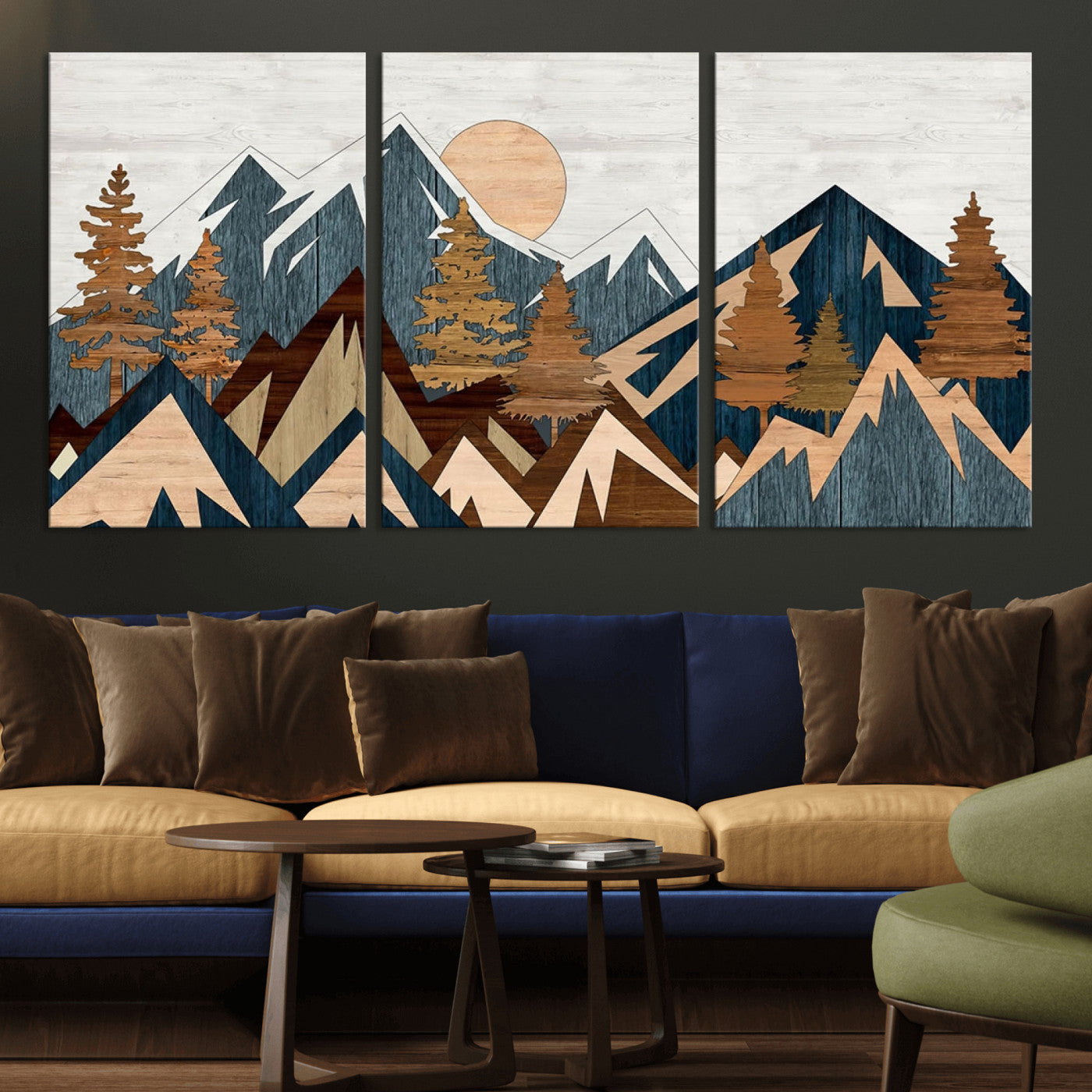 91467-MGV-CV-36X24-Abstract Wood Panel Effect Mountain Range Top Wall Art Canvas Print