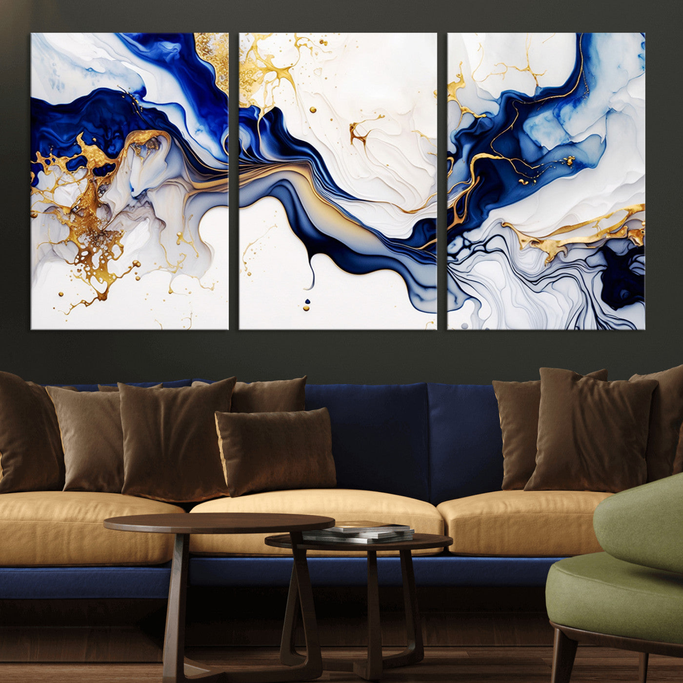 93392-MGV-CV-36X24-Golden Cascades on Midnight Blue – Deep Blue Abstract Wall Art Flowing Elegance | Wall Art Canvas,