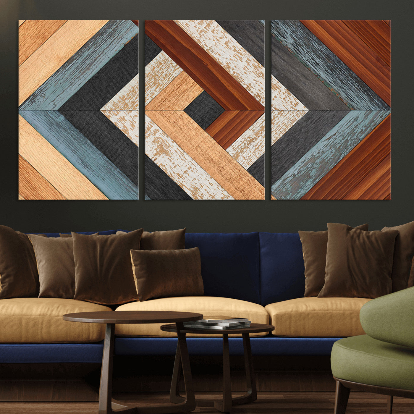 20897-MGV-CV-36X24-Geometric Wood Art Wall Decor Canvas Print, Rustic Wooden Pattern Triptych Wall Art for Living Room