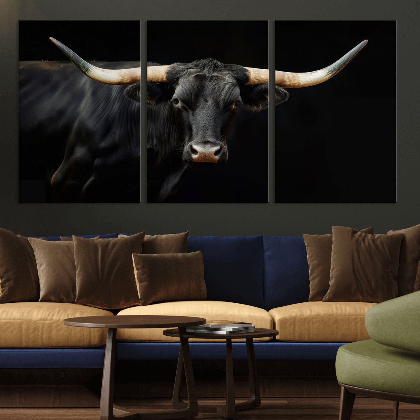 -Black Bull Wall Art – Majestic Longhorn Canvas Print with Dark Background, Rustic Western Farmhouse Decor for Living Room or Office