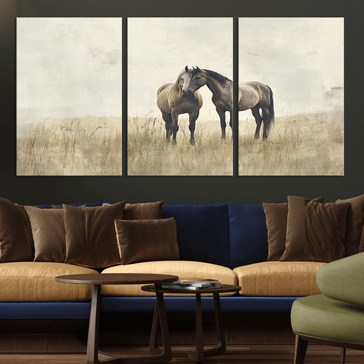 -Chines Style Grunge Horses Wall Art Canvas Print