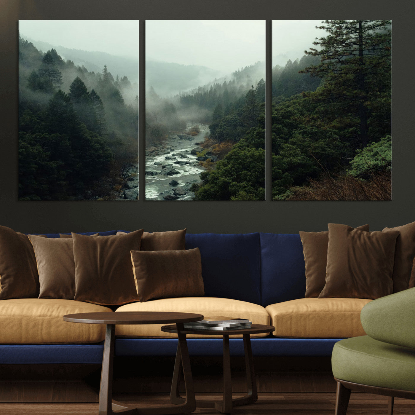 95112-MGV-CV-60X30-3P-Misty Forest Wall Art | Ready to Hang and Framed | Tranquil Nature Landscape for Living Room or