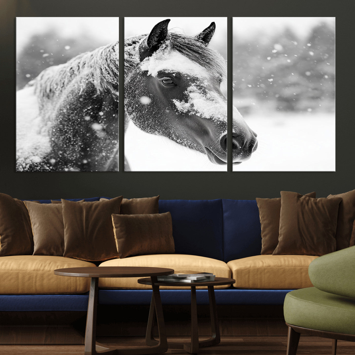 13358-MGV-CV-36X24-Black Horse Winter Wall Art | Ready to Hang and Framed | Farmhouse and Western Wall Decor for Living Room