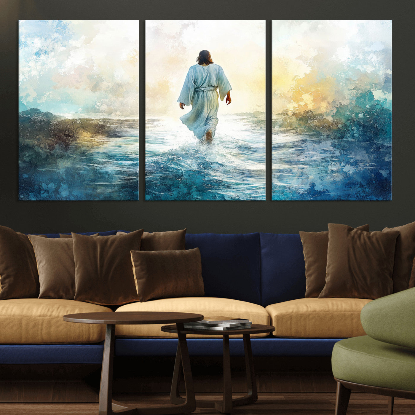 -Watercolor Jesus Walking on Water Canvas Print, Christian Wall Art, Jesus Christ Walking