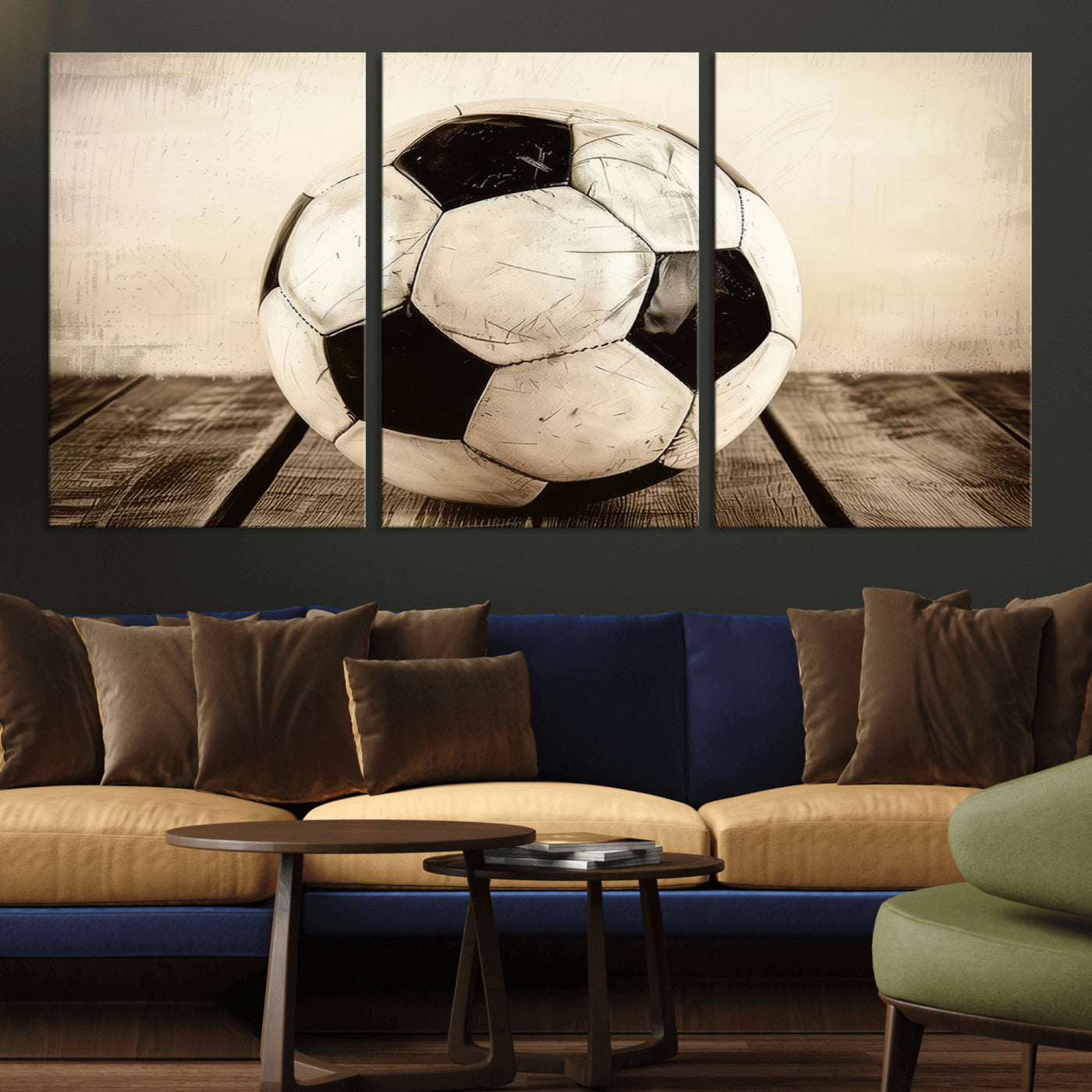 -Vintage Soccer Ball Wall Decor Canvas Art – 3-Panel Soccer Wall Decor, Framed and Ready to Hang