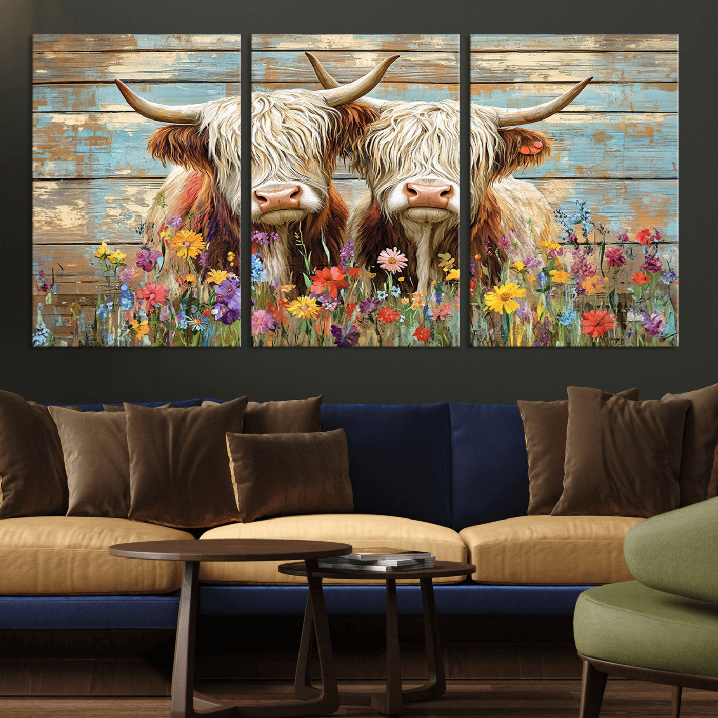 -Cute Highland Cow Canvas Wall Art - Rustic Farmhouse Decor with Colorful Flowers Perfect Wall Art
