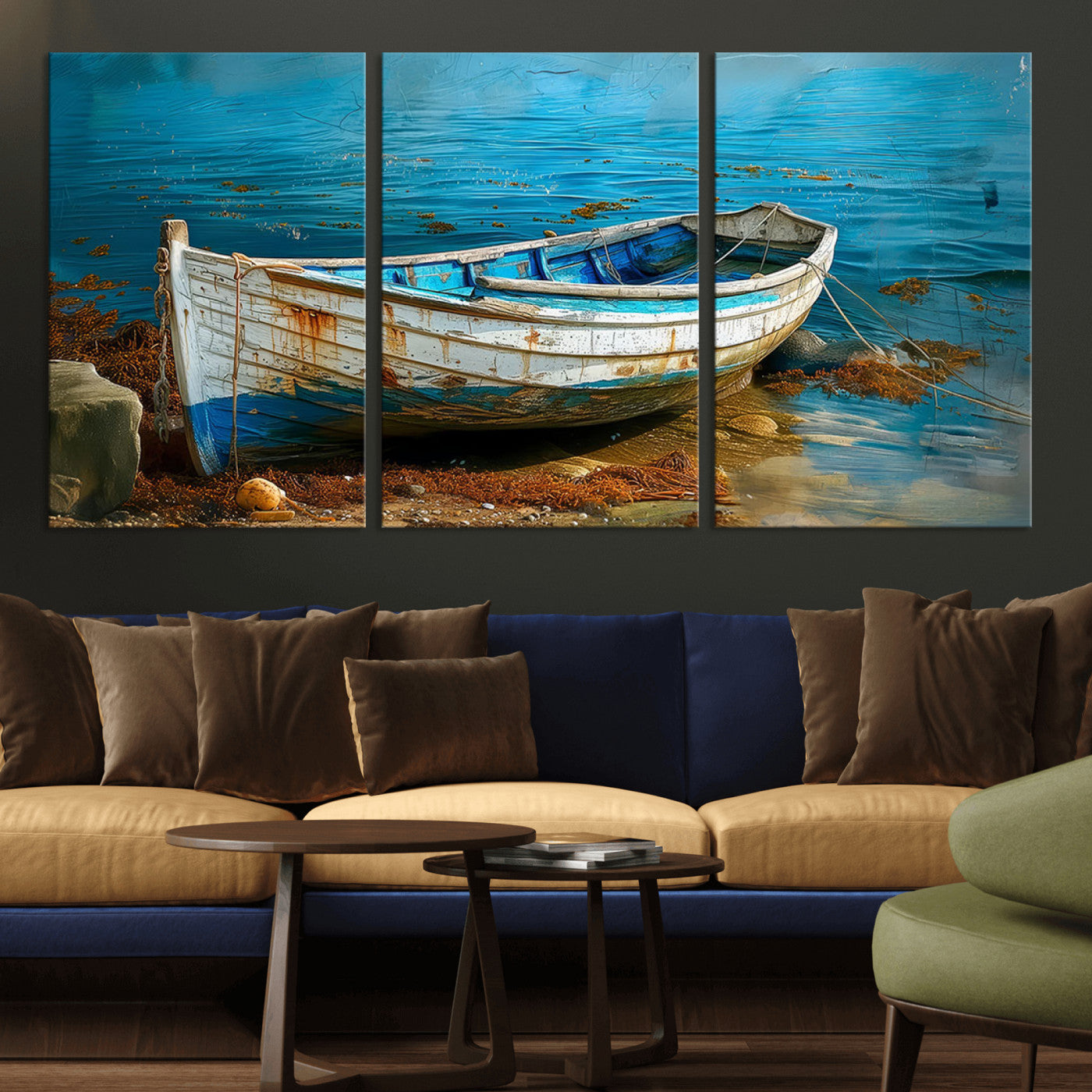 54716-MGV-CV-36X24-Vintage Boat on Tranquil Waters | Coastal Wall Art for Nautical Decor | Rustic Triptych Canvas Print